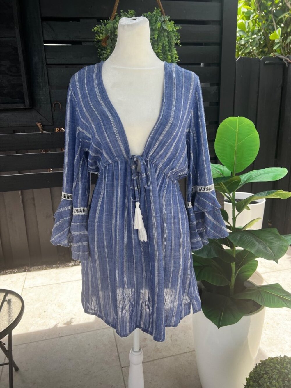Womens Linen Blend Stripped Beach Low-cut Bohemian Island Dress Coverup MEDIUM